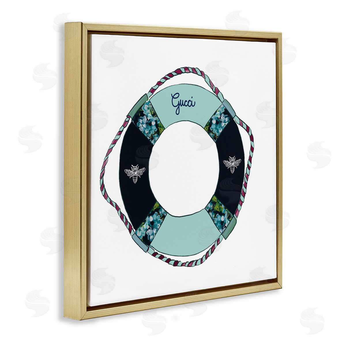 Amelia Noyes Trendy Nautical Life Buoy Glam Style Pattern Gold Floating Frame Canvas Wall Art Print
