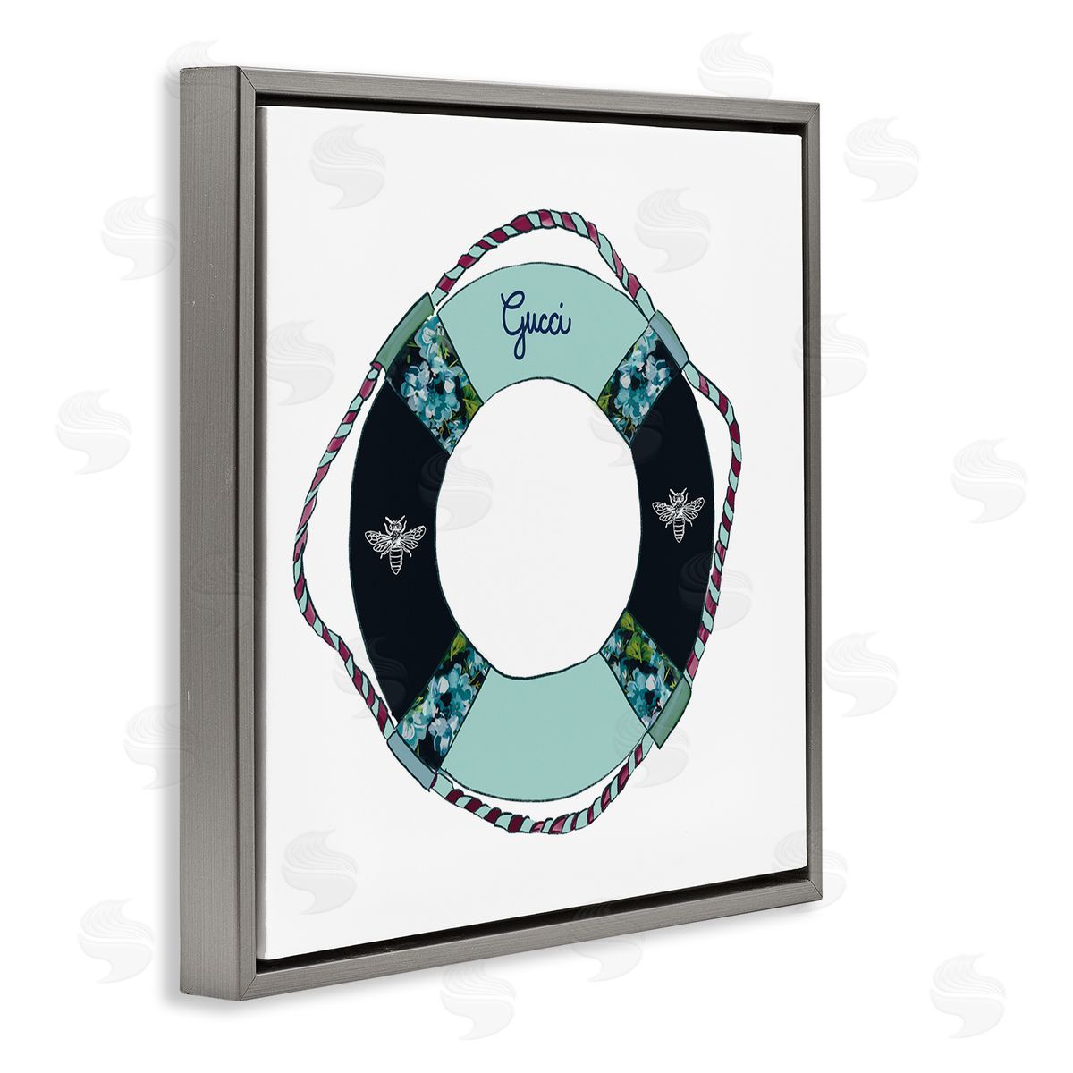 Amelia Noyes Trendy Nautical Life Buoy Glam Style Pattern Gray Floating Frame Canvas Wall Art Print
