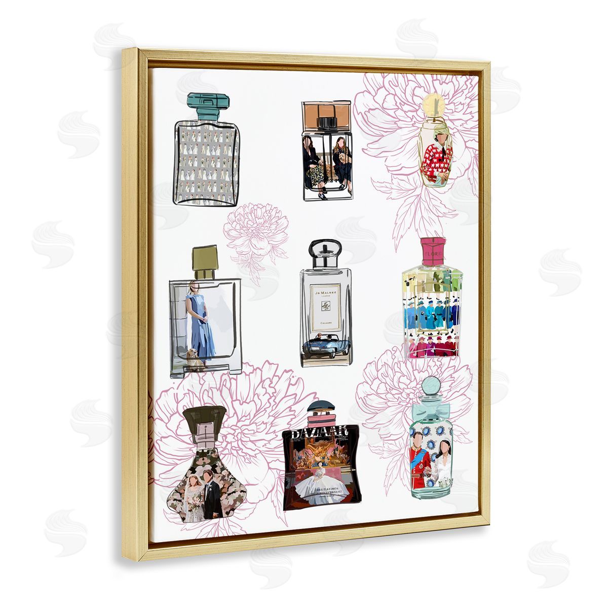Amelia Noyes Polished Perfume Stylish Luxury Fashion Flower Pattern Gold Floating Frame Canvas Wall Art Print