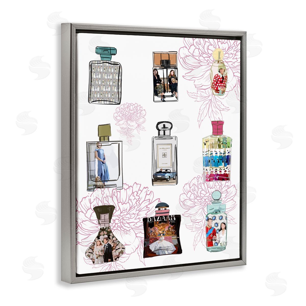 Amelia Noyes Polished Perfume Stylish Luxury Fashion Flower Pattern Gray Floating Frame Canvas Wall Art Print