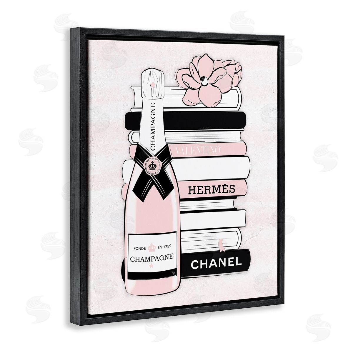 Martina Pavlova Pastel Stacked Books Champagne Polished Glam Emblem Black Floating Frame Canvas Wall Art Print