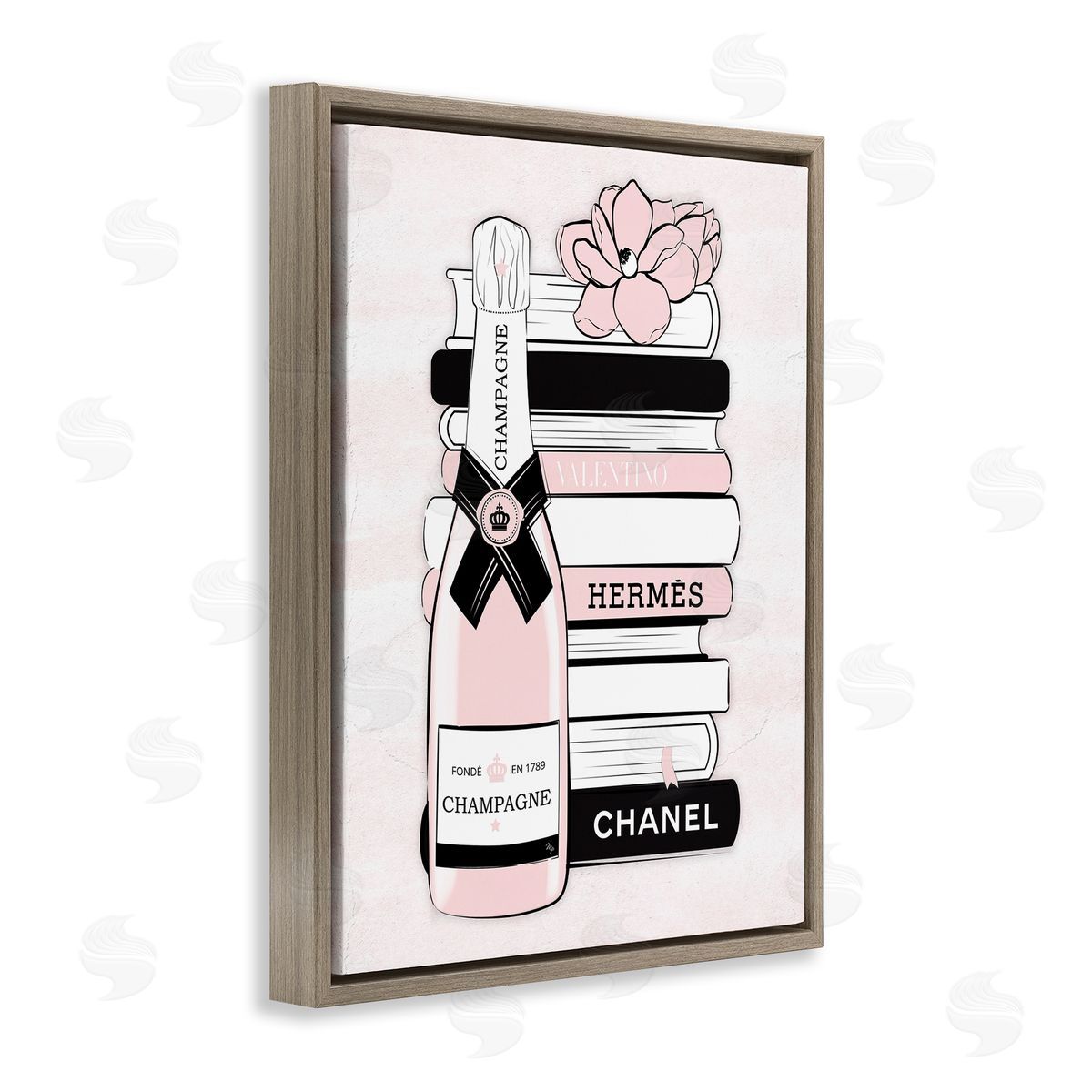 Martina Pavlova Pastel Stacked Books Champagne Polished Glam Emblem Brown Floating Frame Canvas Wall Art Print