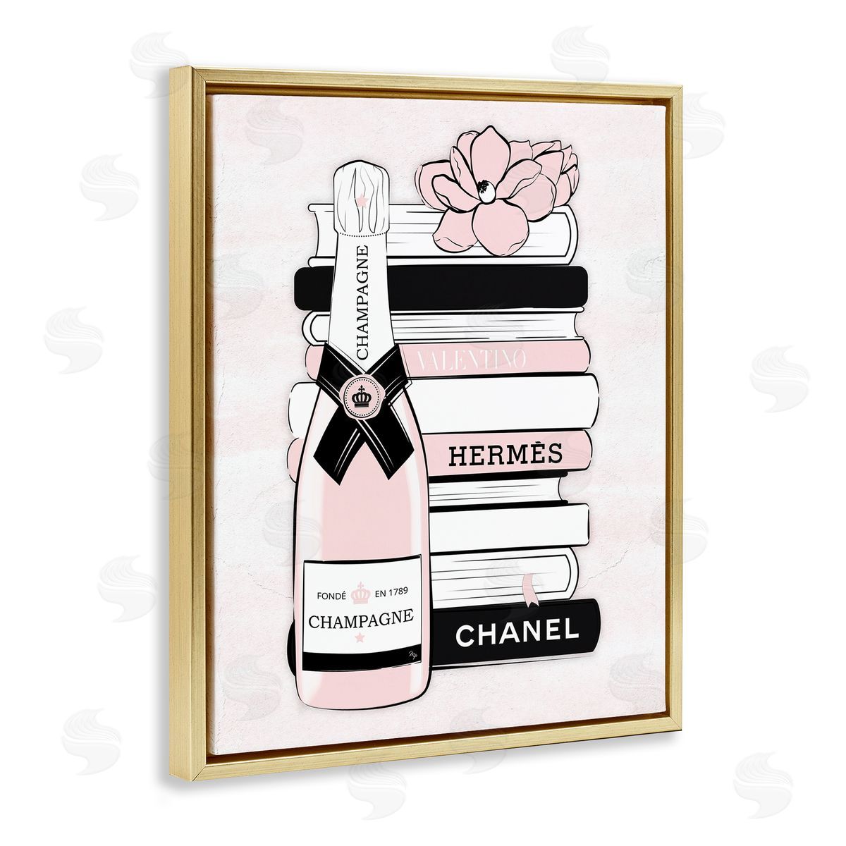 Martina Pavlova Pastel Stacked Books Champagne Polished Glam Emblem Gold Floating Frame Canvas Wall Art Print