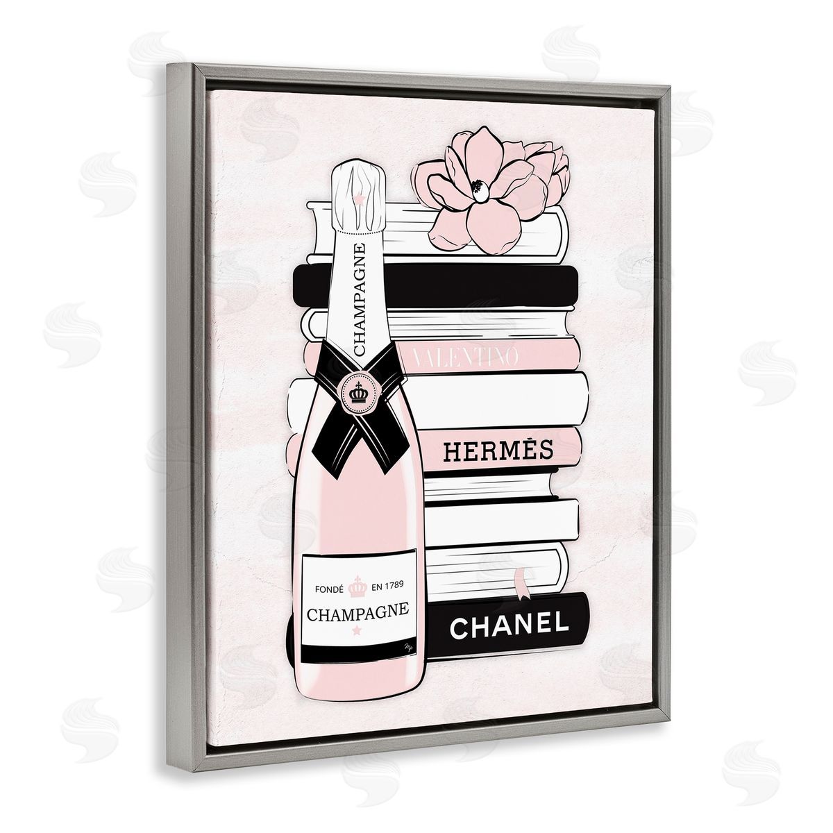 Martina Pavlova Pastel Stacked Books Champagne Polished Glam Emblem Gray Floating Frame Canvas Wall Art Print