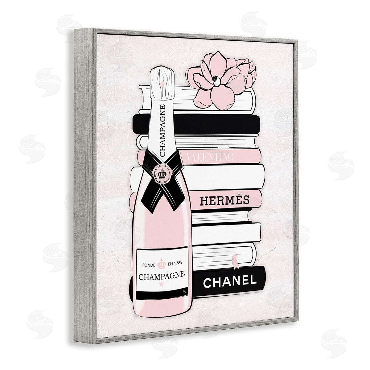 Martina Pavlova Pastel Stacked Books Champagne Polished Glam Emblem Gray Framed Giclee Wall Art Print