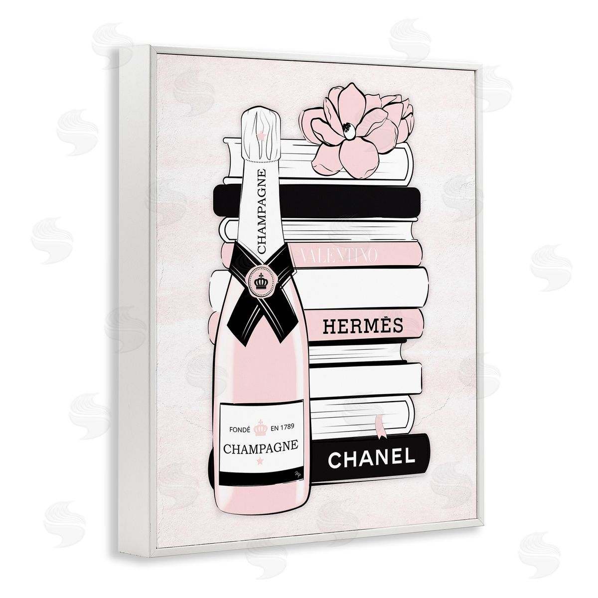 Martina Pavlova Pastel Stacked Books Champagne Polished Glam Emblem White Framed Giclee Wall Art Print