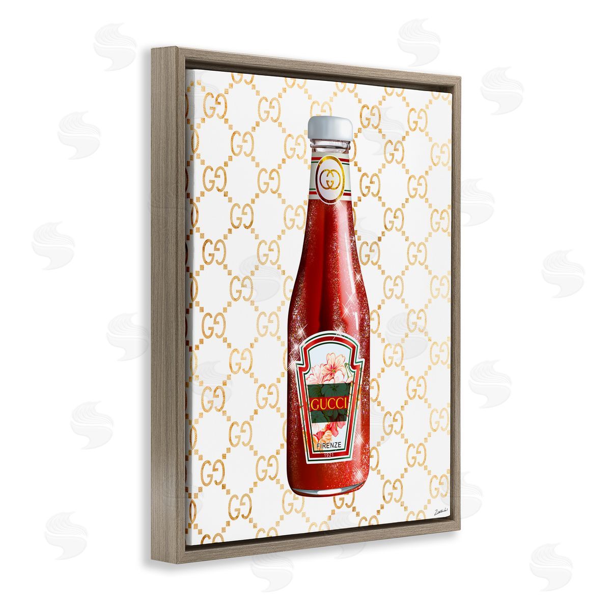 Ziwei Li Glam Kitchen Ketchup Bottle Patterned Condiment Brown Floating Frame Canvas Wall Art Print