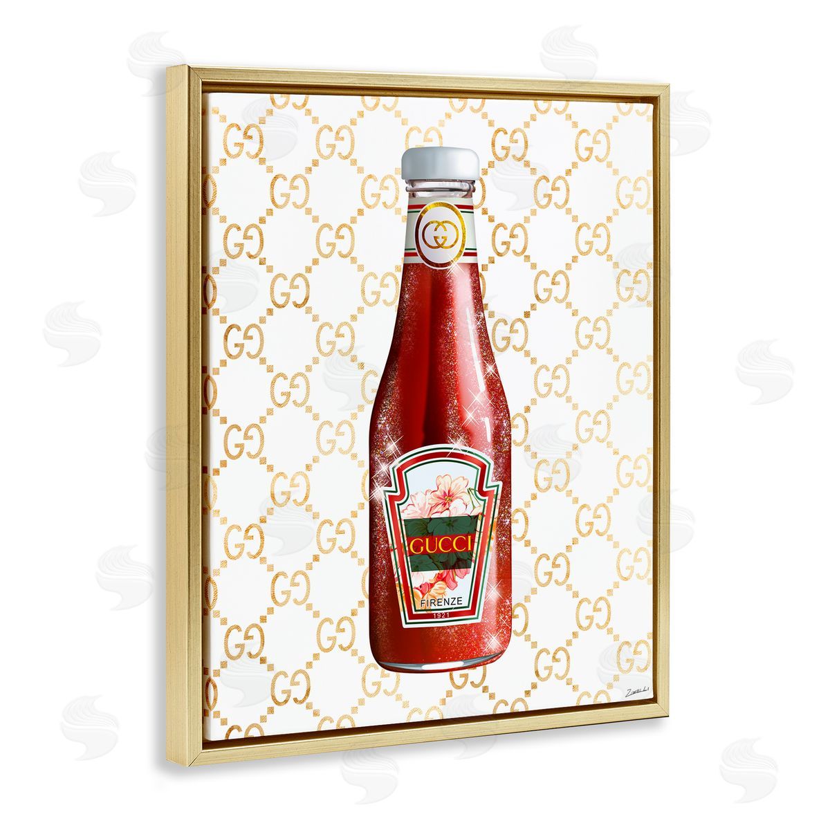 Ziwei Li Glam Kitchen Ketchup Bottle Patterned Condiment Gold Floating Frame Canvas Wall Art Print