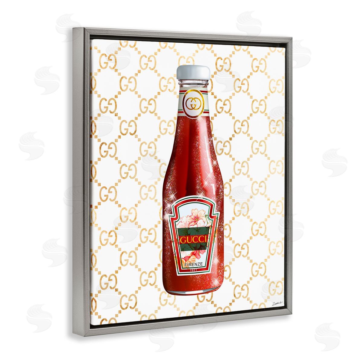 Ziwei Li Glam Kitchen Ketchup Bottle Patterned Condiment Gray Floating Frame Canvas Wall Art Print