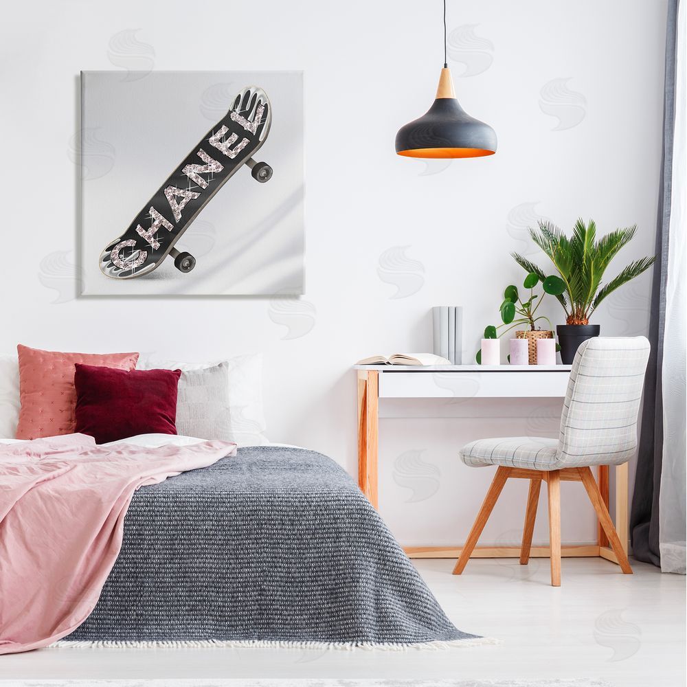 Ziwei Li Trendy Glitzy Skateboard Glam Fashion Lettering Canvas Wall Art in Room
