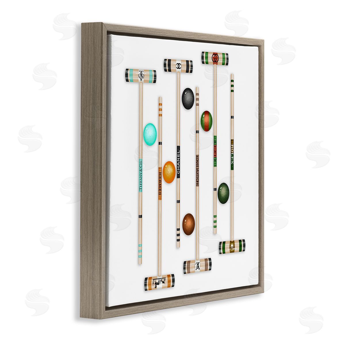 Ziwei Li Trendy Luxury Fashion Brand Croquet Game Mallets  Brown Floating Frame Canvas Wall Art Print