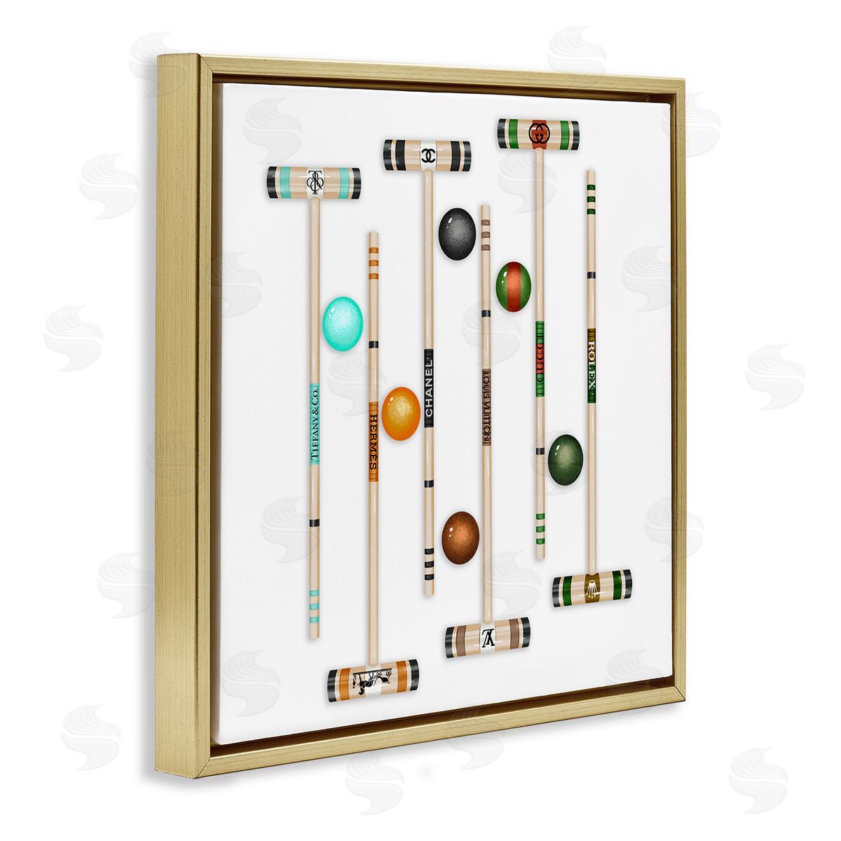 Ziwei Li Trendy Luxury Fashion Brand Croquet Game Mallets  Gold Floating Frame Canvas Wall Art Print