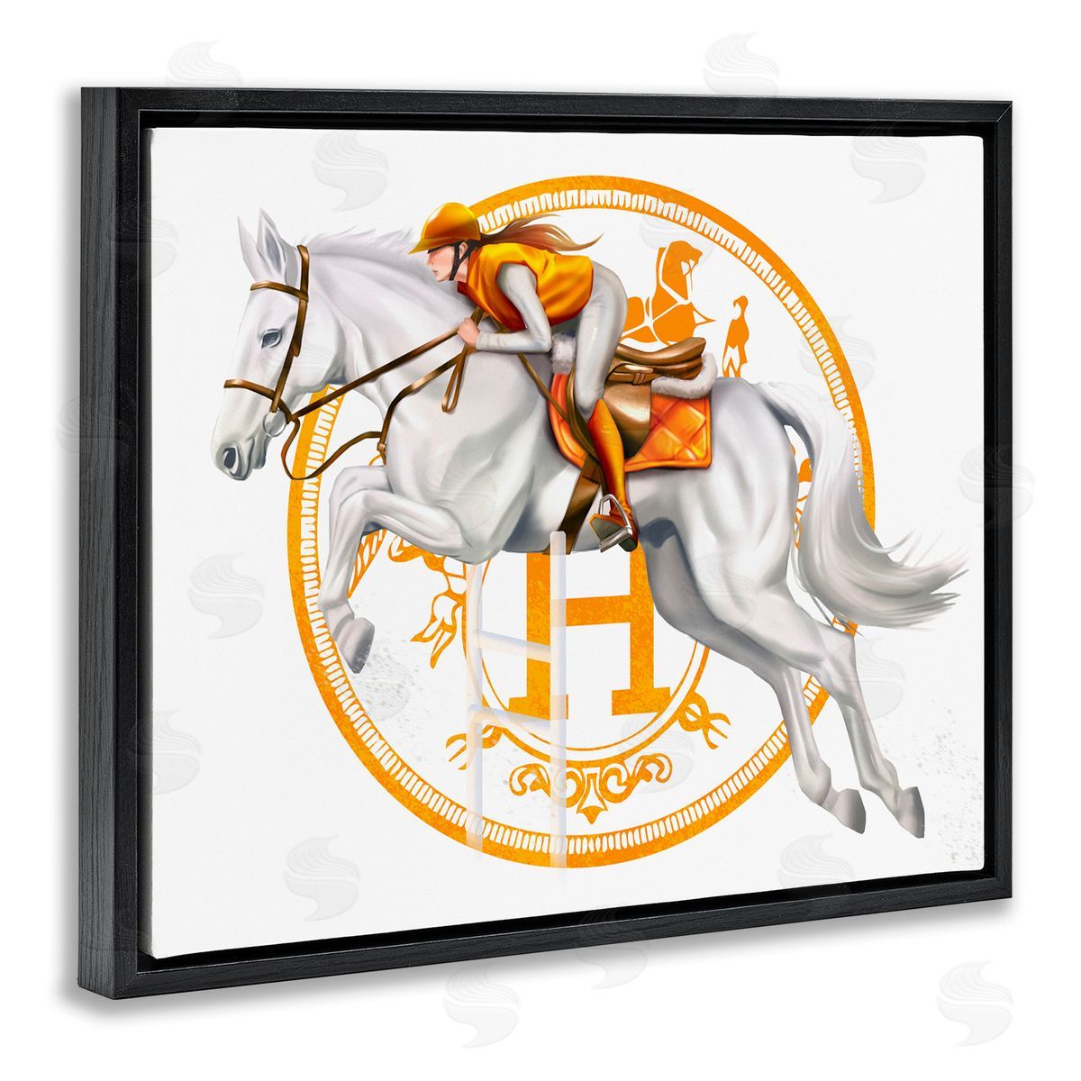 Ziwei Li Jockey Riding Race Horse Glam Fashion Logo Black Floating Frame Canvas Wall Art Print