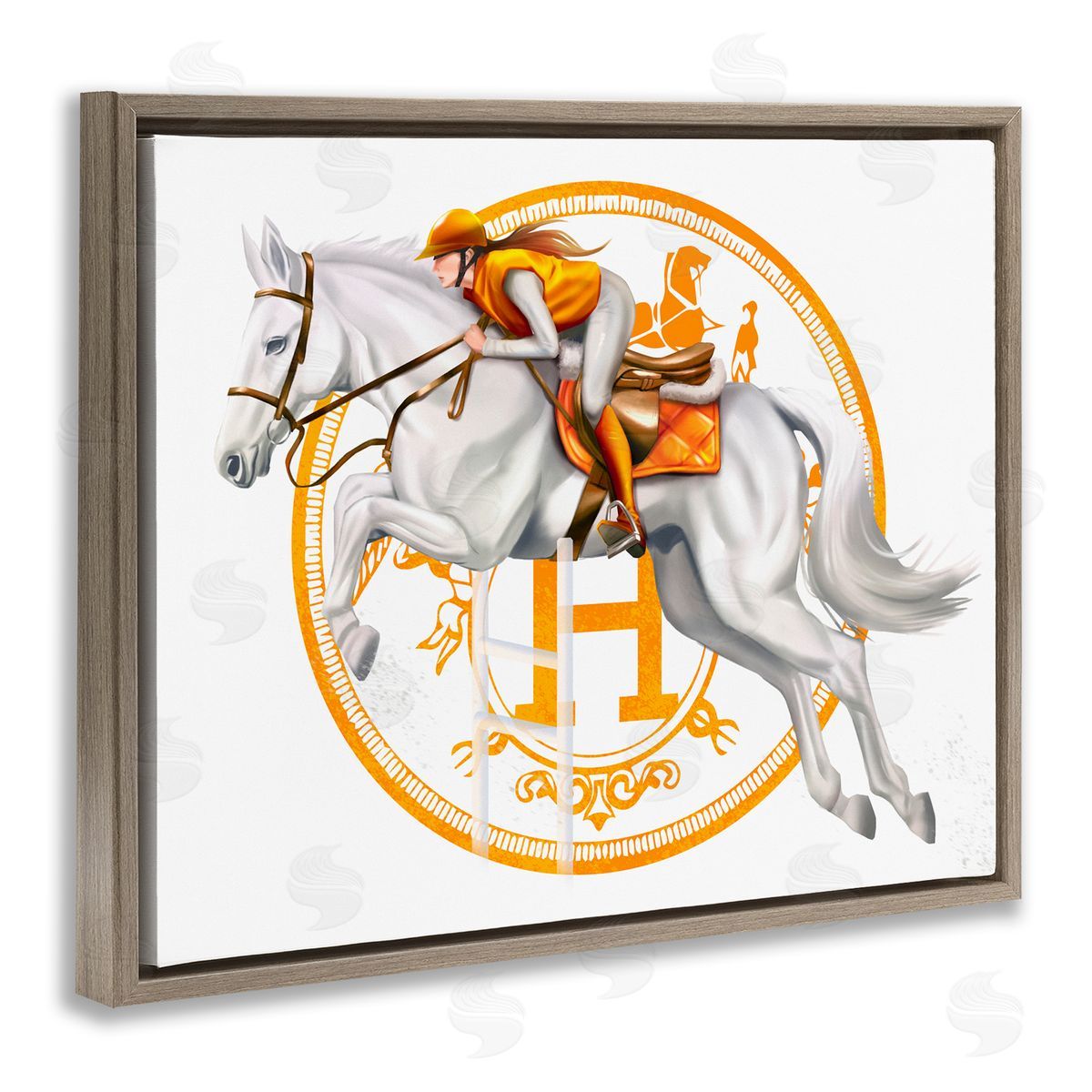 Ziwei Li Jockey Riding Race Horse Glam Fashion Logo Brown Floating Frame Canvas Wall Art Print