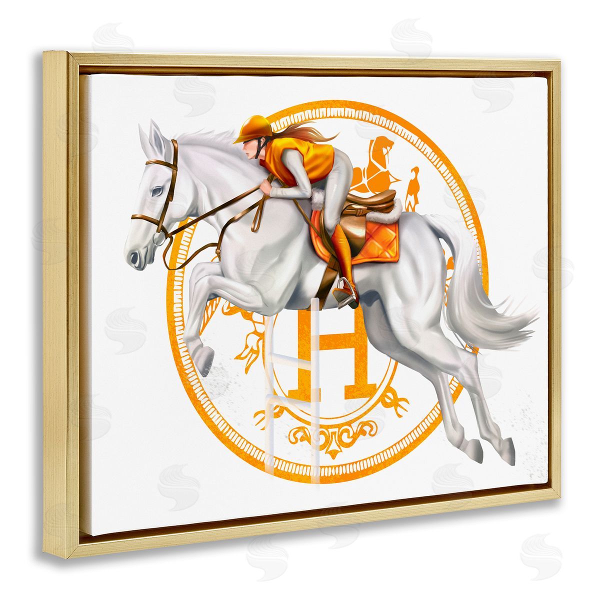 Ziwei Li Jockey Riding Race Horse Glam Fashion Logo Gold Floating Frame Canvas Wall Art Print