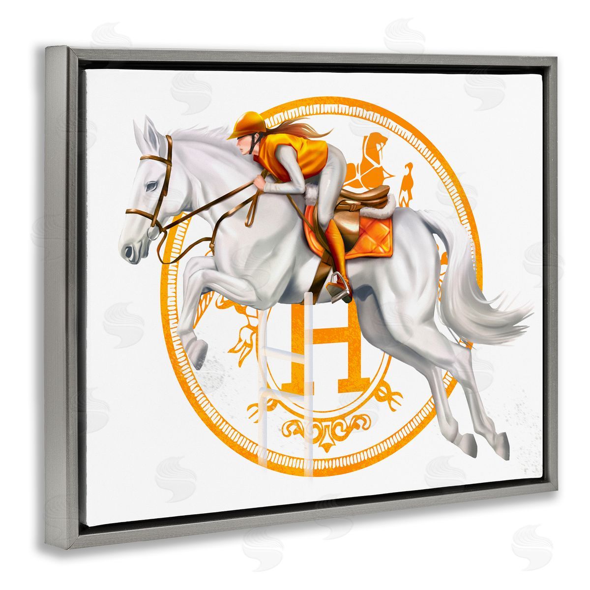 Ziwei Li Jockey Riding Race Horse Glam Fashion Logo Gray Floating Frame Canvas Wall Art Print
