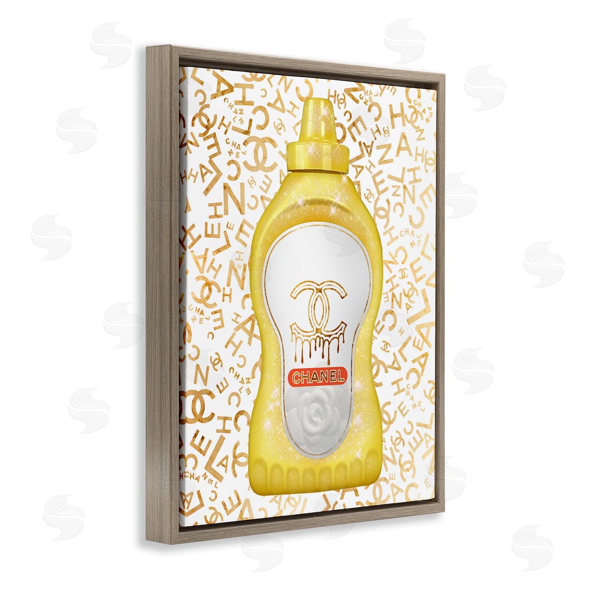 Ziwei Li Glitzy Fashion Bling Kitchen Condiment Mustard Bottle Brown Floating Frame Canvas Wall Art Print