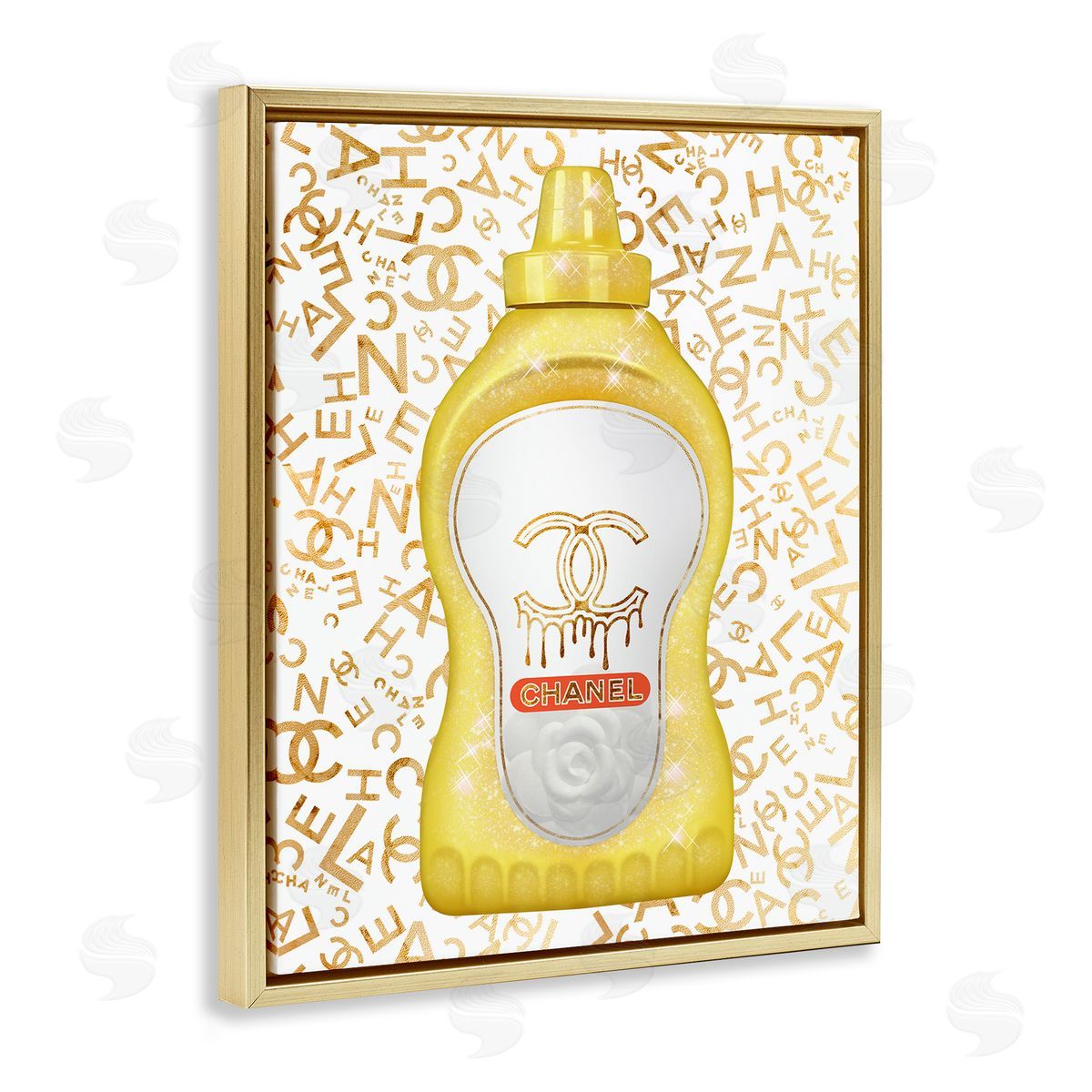 Ziwei Li Glitzy Fashion Bling Kitchen Condiment Mustard Bottle Gold Floating Frame Canvas Wall Art Print