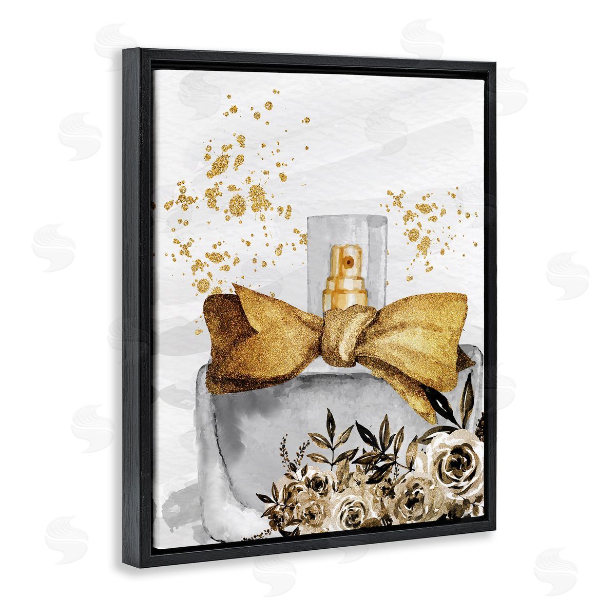 Kim Allen Glitzy Floral Perfume Bottle Speckled Glam Black Floating Frame Canvas Wall Art Print