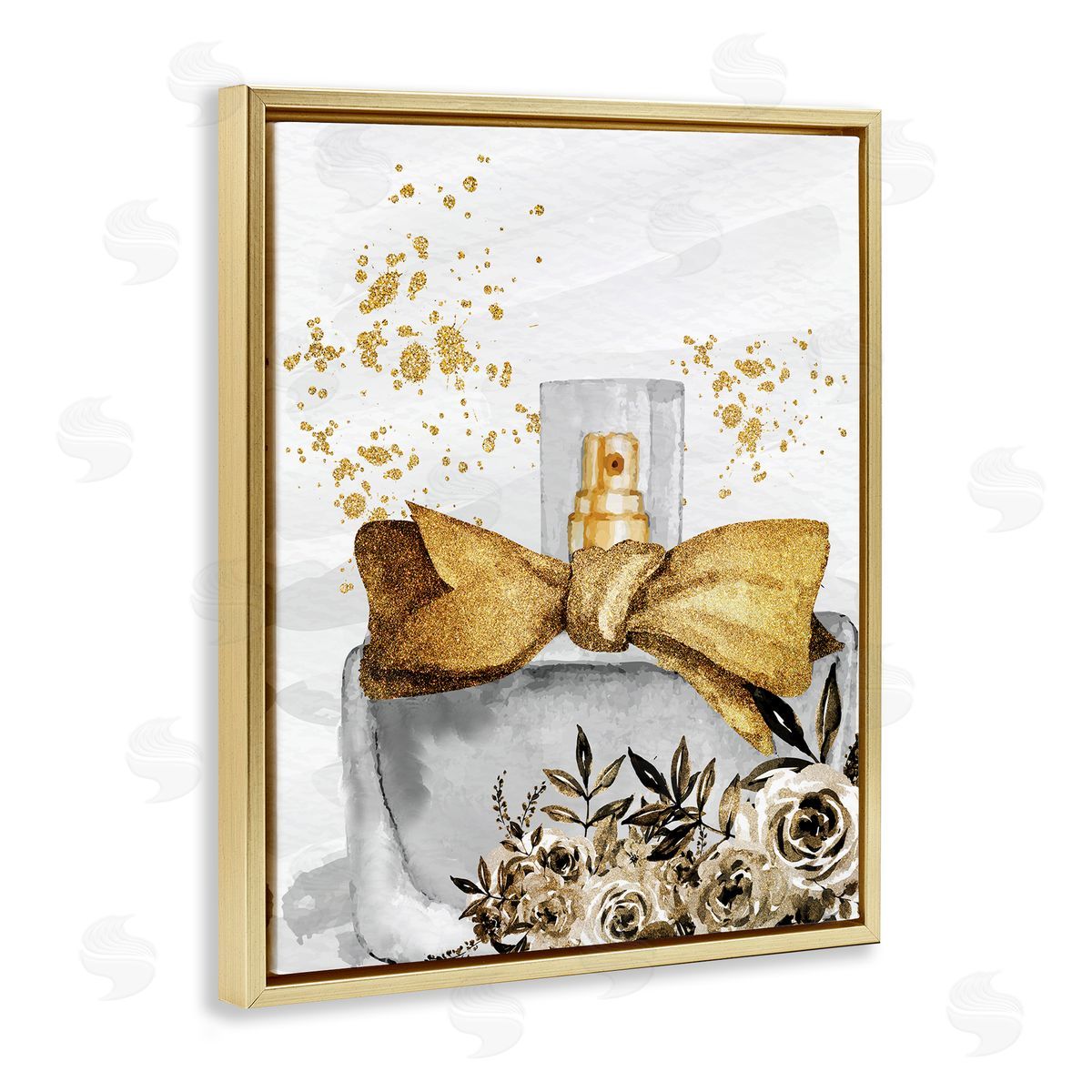 Kim Allen Glitzy Floral Perfume Bottle Speckled Glam Gold Floating Frame Canvas Wall Art Print