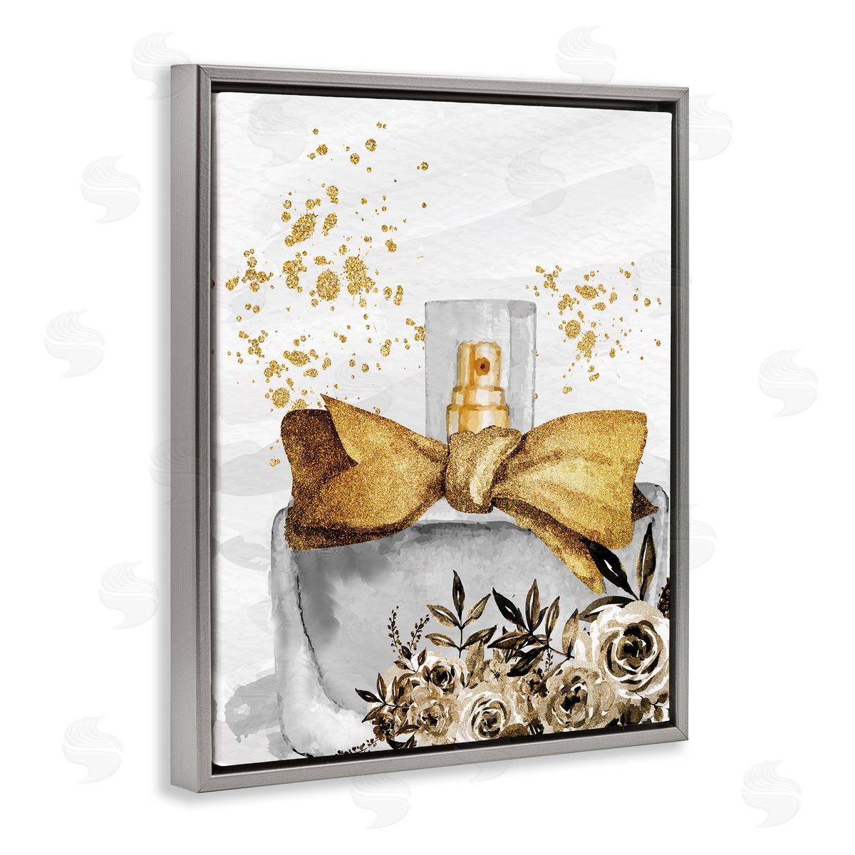 Kim Allen Glitzy Floral Perfume Bottle Speckled Glam Gray Floating Frame Canvas Wall Art Print