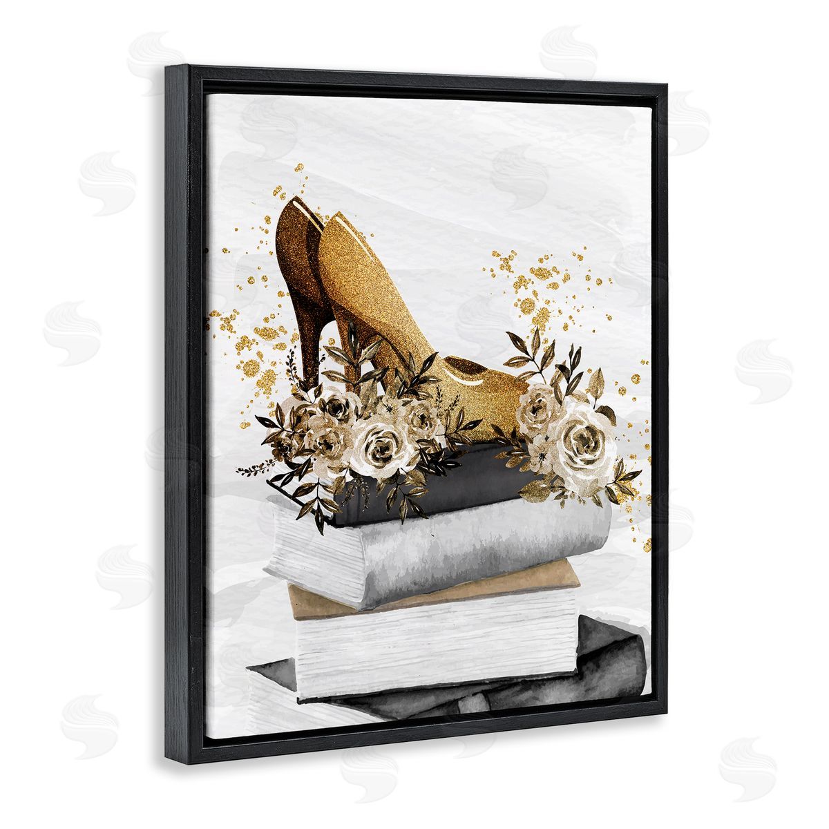 Kim Allen Dazzling Floral Heel Shoes Trendy Books Stacked Black Floating Frame Canvas Wall Art Print