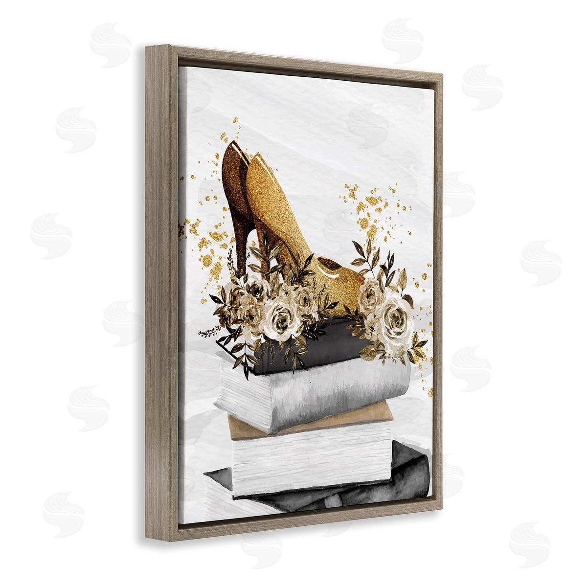 Kim Allen Dazzling Floral Heel Shoes Trendy Books Stacked Brown Floating Frame Canvas Wall Art Print