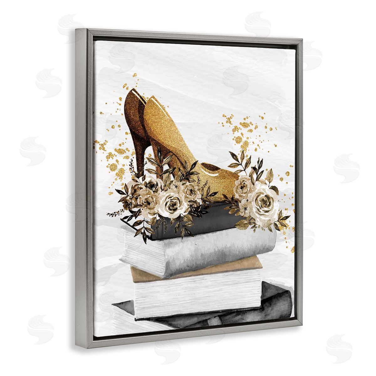 Kim Allen Dazzling Floral Heel Shoes Trendy Books Stacked Gray Floating Frame Canvas Wall Art Print