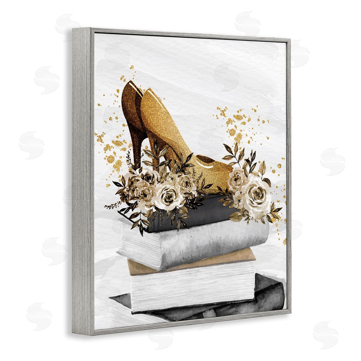Kim Allen Dazzling Floral Heel Shoes Trendy Books Stacked Gray Framed Giclee Wall Art Print