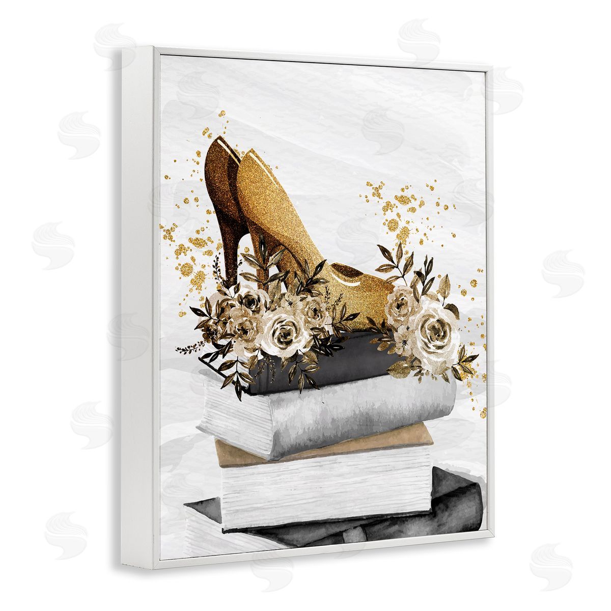 Kim Allen Dazzling Floral Heel Shoes Trendy Books Stacked White Framed Giclee Wall Art Print