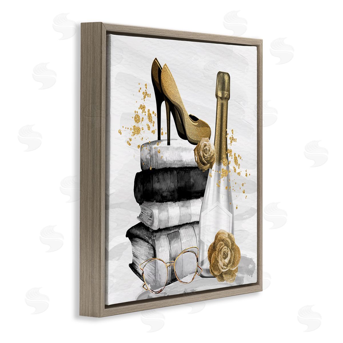 Kim Allen Trendy Fashion Heels Book Stack Dazzling Champagne Brown Floating Frame Canvas Wall Art Print