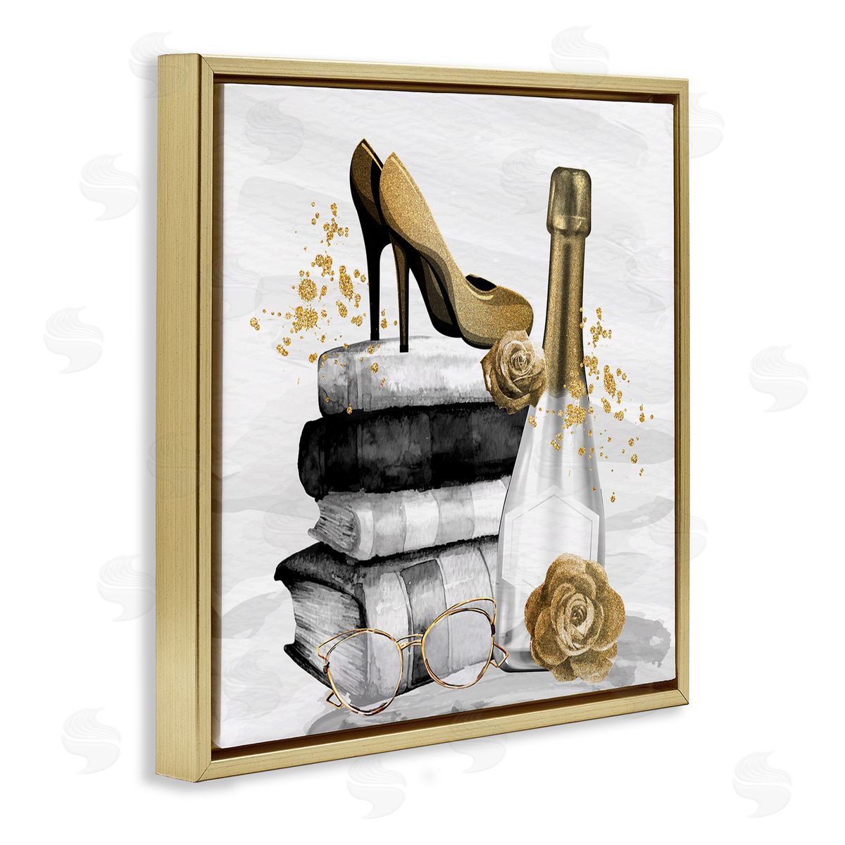 Kim Allen Trendy Fashion Heels Book Stack Dazzling Champagne Gold Floating Frame Canvas Wall Art Print