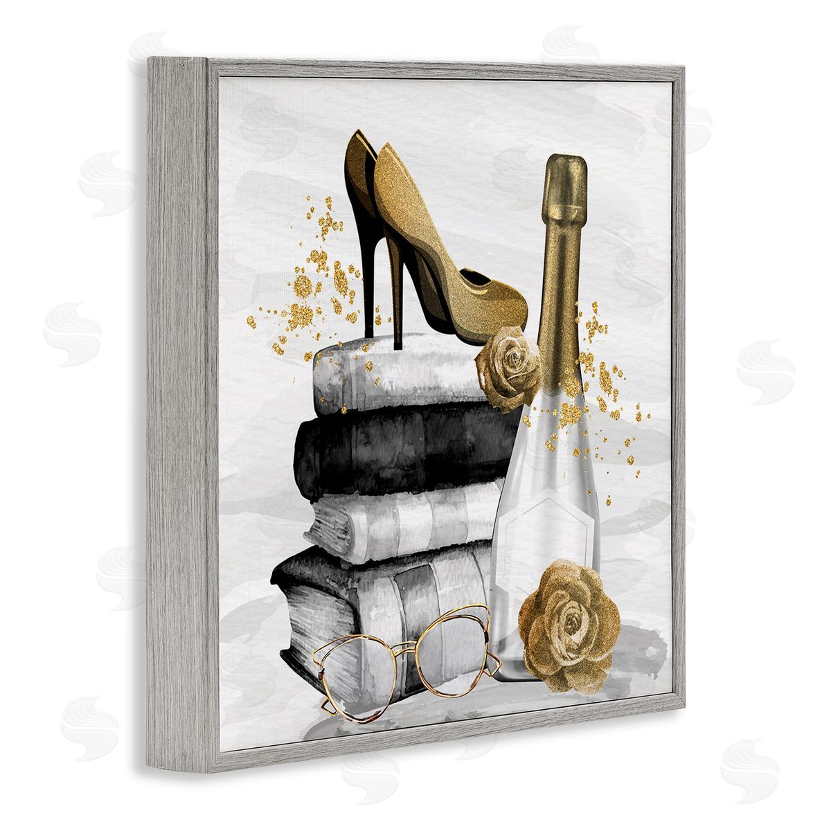 Kim Allen Trendy Fashion Heels Book Stack Dazzling Champagne Gray Framed Glicee Wall Art Print