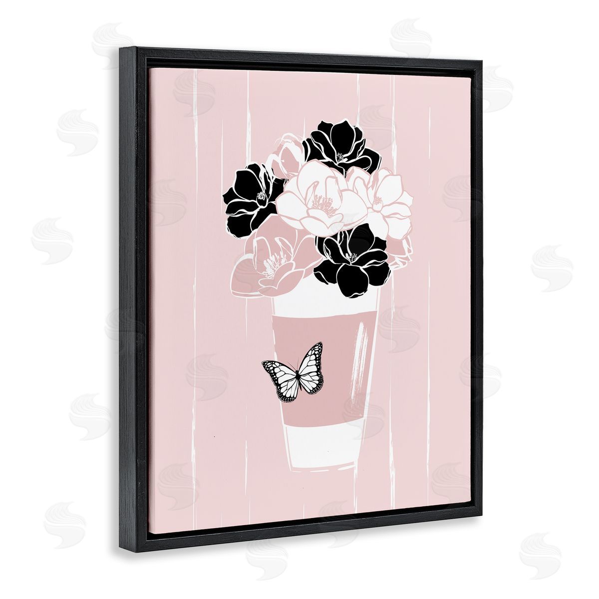 Martina Pavlova Casual Coffee Cup Pink Assorted Flowers Arrangement Black Floating Frame Canvas Wall Art Print