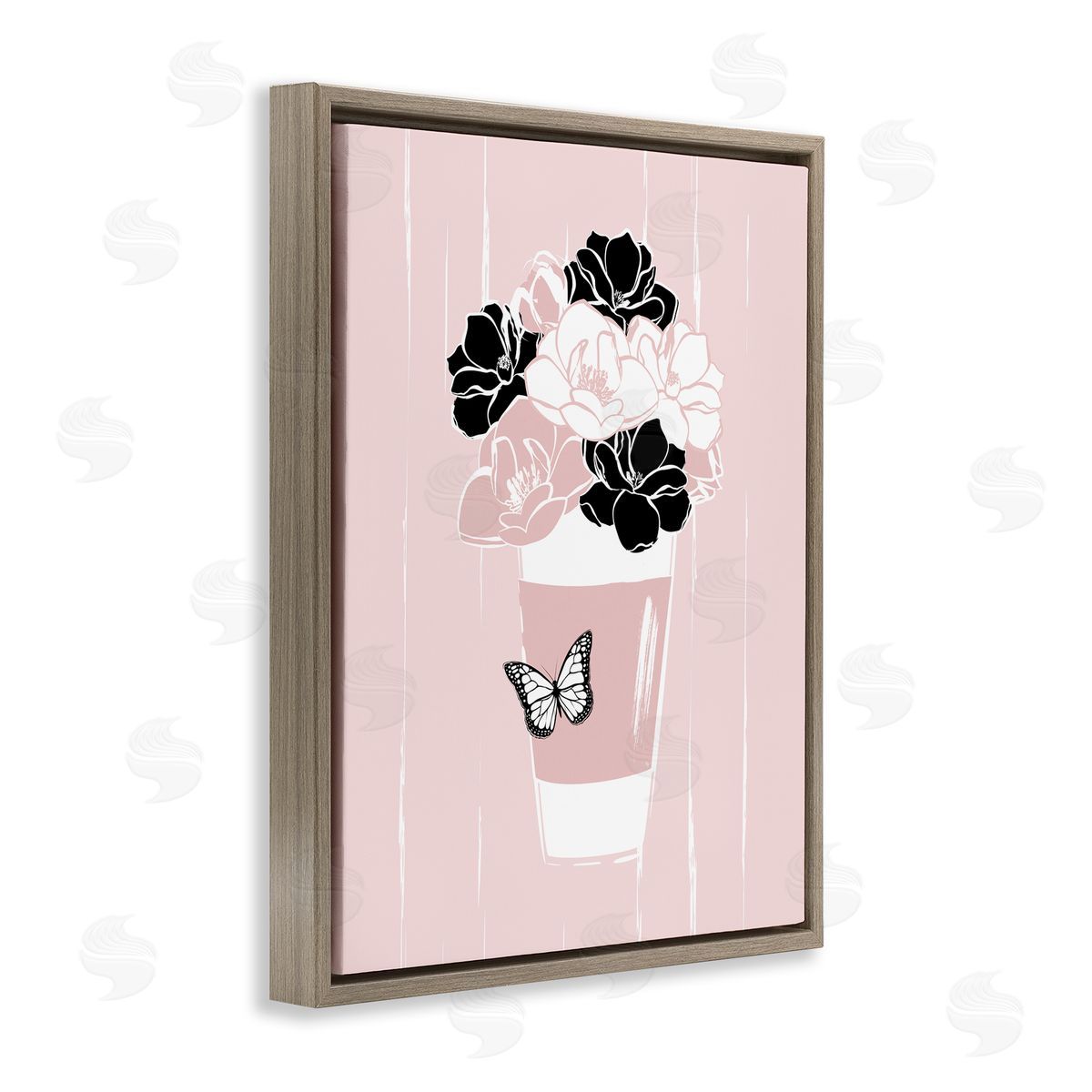 Martina Pavlova Casual Coffee Cup Pink Assorted Flowers Arrangement Brown Floating Frame Canvas Wall Art Print