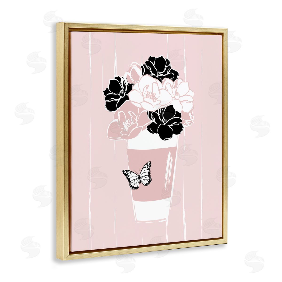 Martina Pavlova Casual Coffee Cup Pink Assorted Flowers Arrangement Gold Floating Frame Canvas Wall Art Print