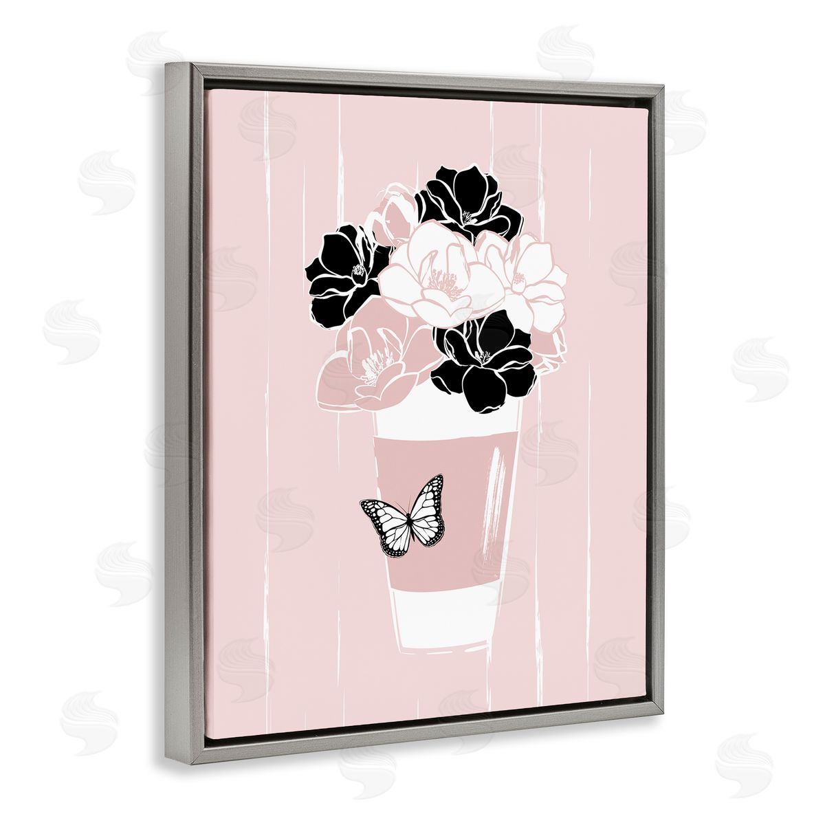 Martina Pavlova Casual Coffee Cup Pink Assorted Flowers Arrangement Gray Floating Frame Canvas Wall Art Print