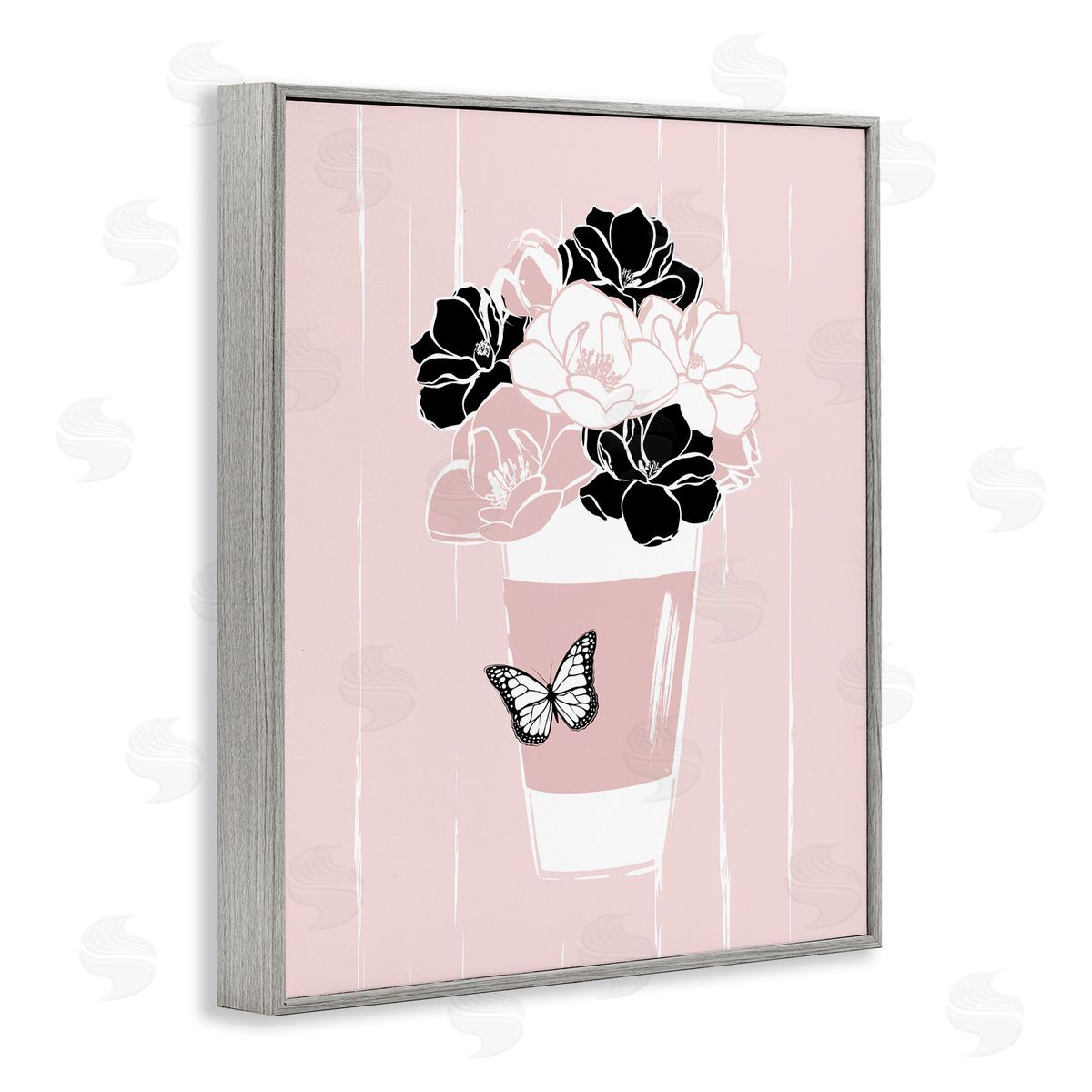 Martina Pavlova Casual Coffee Cup Pink Assorted Flowers Arrangement Gray Framed Giclee Wall Art Print