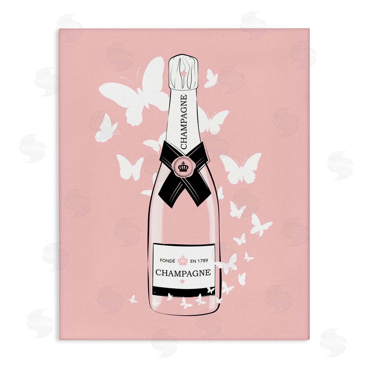 Martina Pavlova Pastel Fluttering Butterflies Chic Pink Champagne Bottle Stretched Canvas Wall Art Print
