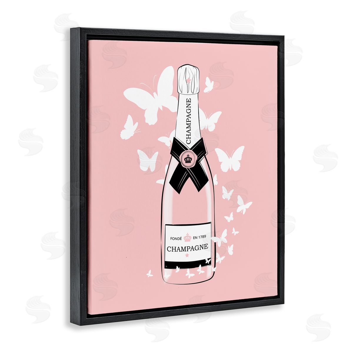 Martina Pavlova Pastel Fluttering Butterflies Chic Pink Champagne Bottle Black Floating Frame Canvas Wall Art Print