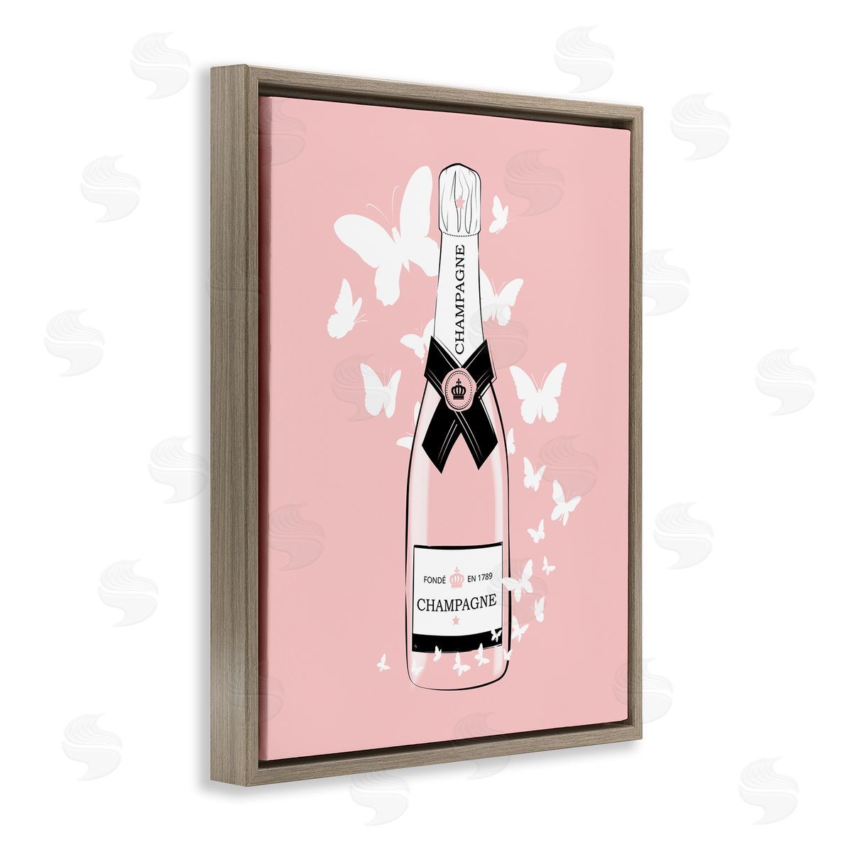 Martina Pavlova Pastel Fluttering Butterflies Chic Pink Champagne Bottle Brown Floating Frame Canvas Wall Art Print