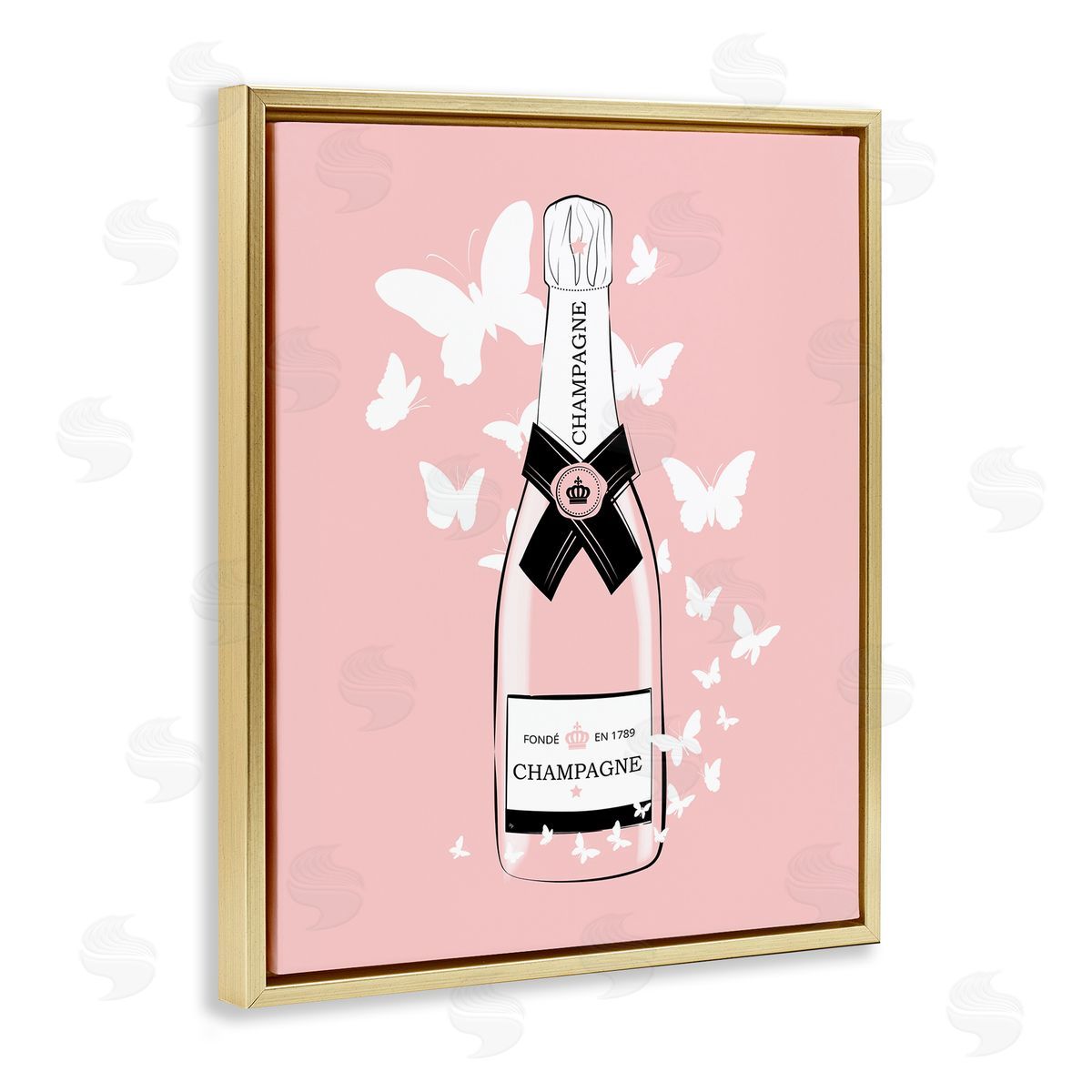 Martina Pavlova Pastel Fluttering Butterflies Chic Pink Champagne Bottle Gold Floating Frame Canvas Wall Art Print