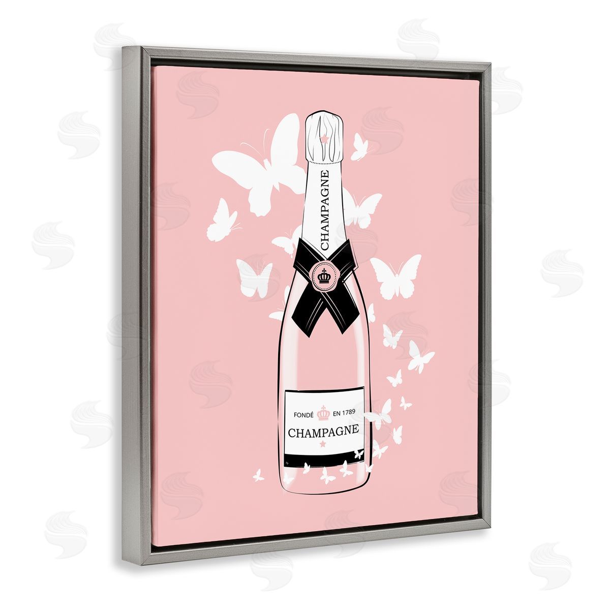 Martina Pavlova Pastel Fluttering Butterflies Chic Pink Champagne Bottle Gray Floating Frame Canvas Wall Art Print