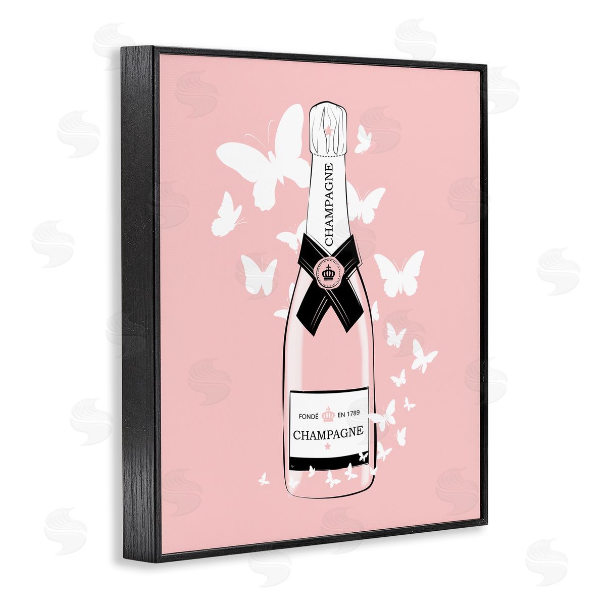 Martina Pavlova Pastel Fluttering Butterflies Chic Pink Champagne Bottle Black Framed Giclee Wall Art Print