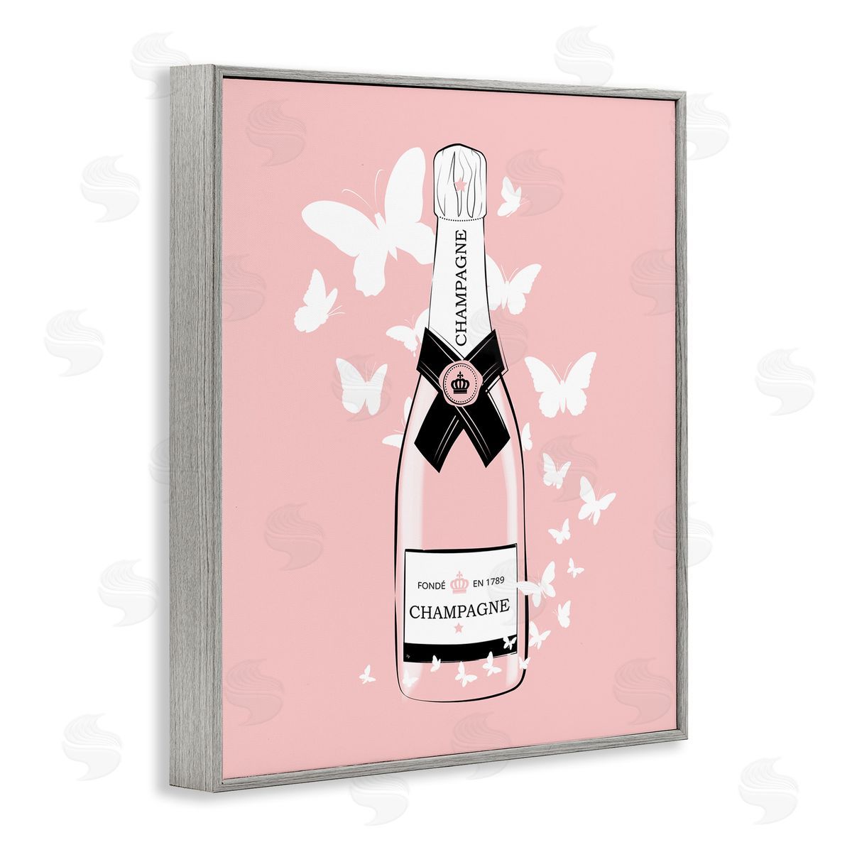 Martina Pavlova Pastel Fluttering Butterflies Chic Pink Champagne Bottle Gray Framed Giclee Wall Art Print