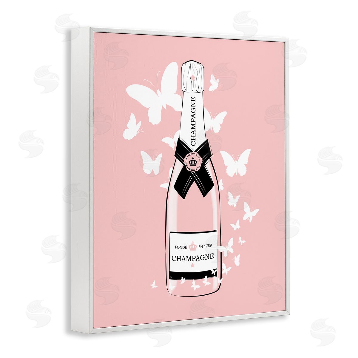 Martina Pavlova Pastel Fluttering Butterflies Chic Pink Champagne Bottle White Framed Giclee Wall Art Print