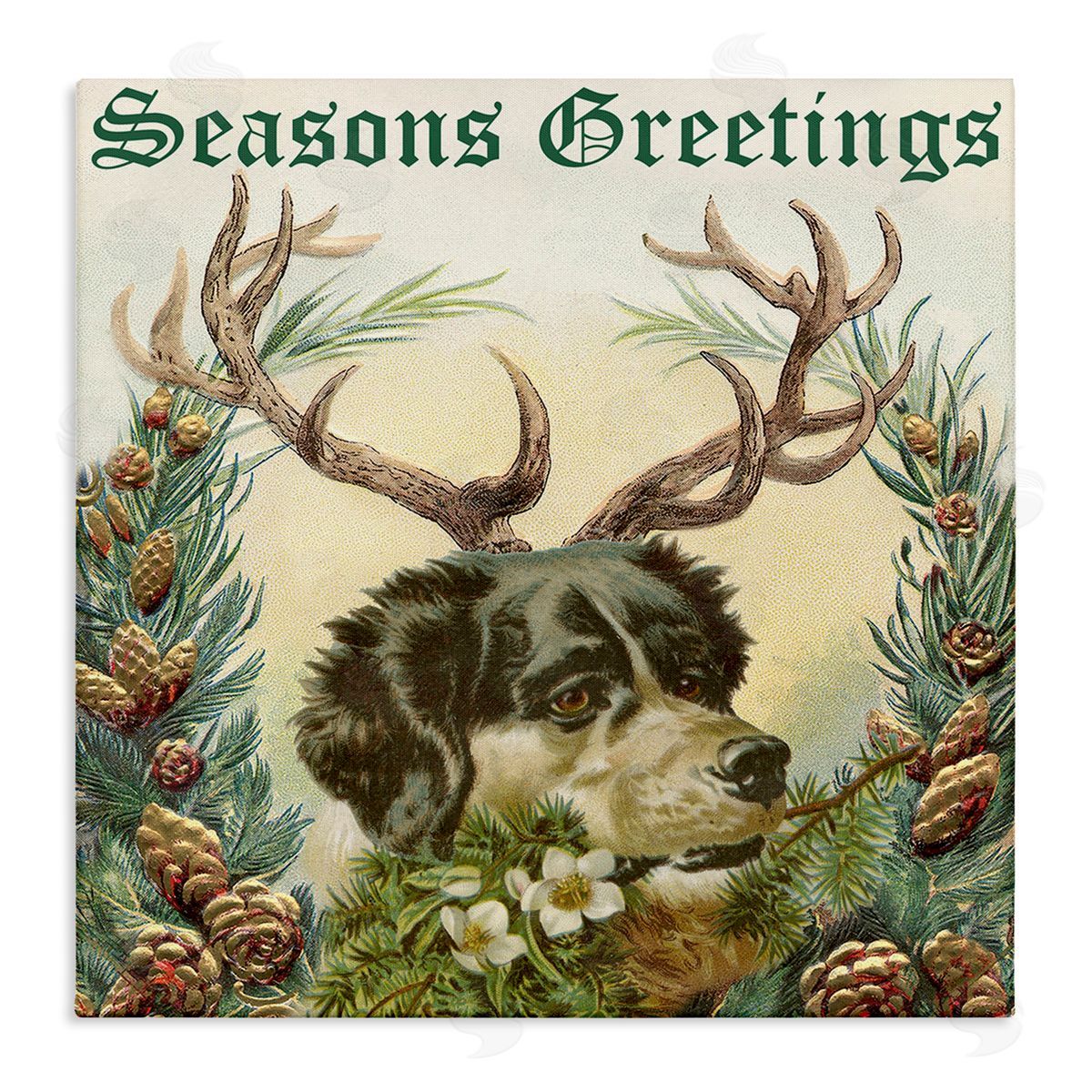 Alicia Longley Seasons Greetings Dog Wearing Antlers Botanical Border Stretched Canvas Wall Art Print