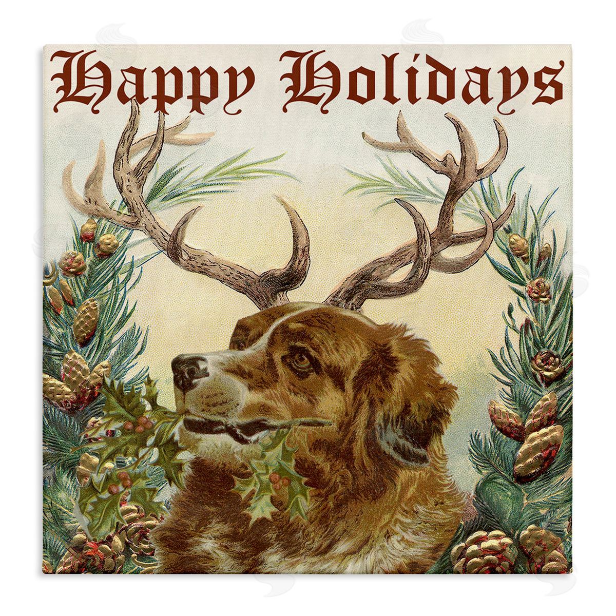 Alicia Longley Dog Wearing Antlers Seasonal Holiday Botanicals Stretched Canvas Wall Art Print