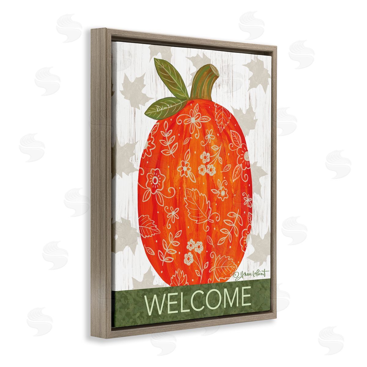 Annie LaPoint Patterned Autumn Botanicals Pumpkin Welcome Sign Brown Floating Frame Canvas Wall Art Print