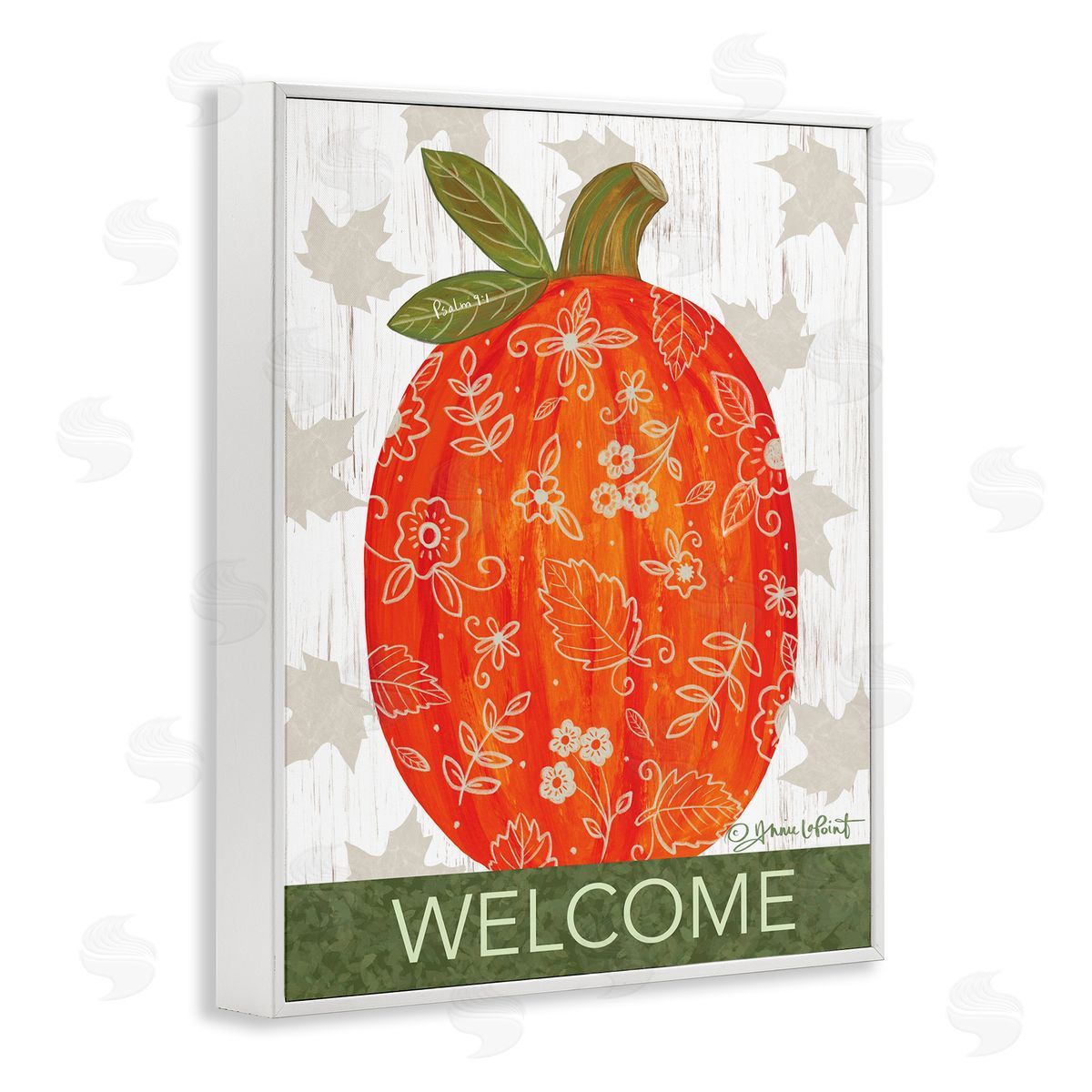 Annie LaPoint Patterned Autumn Botanicals Pumpkin Welcome Sign White Framed Giclee Wall Art Print